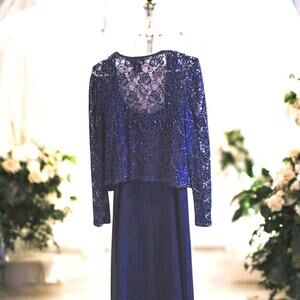 2pc Mother of Bride Brilliante Sparkle Gown & Beaded Jacket Sz L Navy Blue Lace